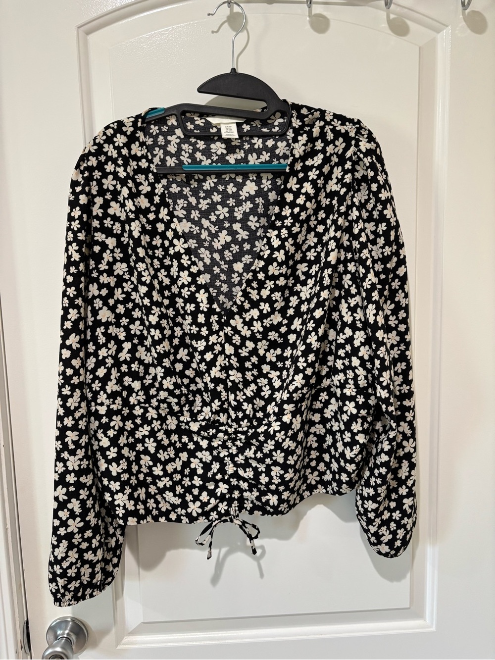 Black and White Floral Wrap-Style Women’s Top